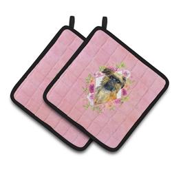 CK4123PTHD 7.5 x 7.5 in. Brussels Griffon Pink Flowers Pair of Pot Holders