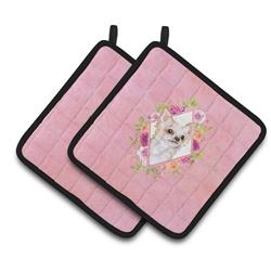 CK4127PTHD 7.5 x 7.5 in. Long Hair Chihuahua Pink Flowers Pair of Pot Holders