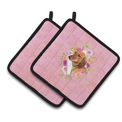 7.5 x 7.5 in. Dachshund Red No.1 Pink Flowers Pair of Pot Holders