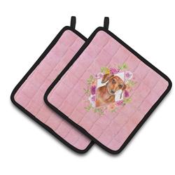 CK4135PTHD 7.5 x 7.5 in. Dachshund Red No.2 Pink Flowers Pair of Pot Holders