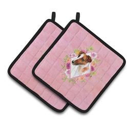 CK4141PTHD 7.5 x 7.5 in. Jack Russell Terrier Pink Flowers Pair of Pot Holders