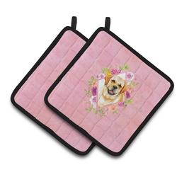 7.5 x 7.5 in. Golden Retriever Pink Flowers Pair of Pot Holders