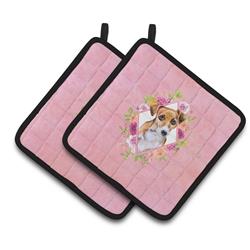 CK4155PTHD 7.5 x 7.5 in. Jack Russell Terrier No.1 Pink Flowers Pair of Pot Holders