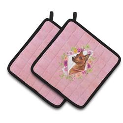 CK4161PTHD 7.5 x 7.5 in. Miniature Pinscher Pink Flowers Pair of Pot Holders