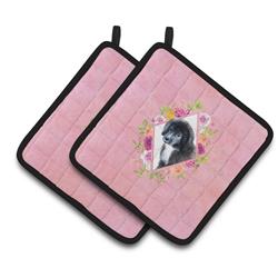 CK4164PTHD 7.5 x 7.5 in. Newfoundland Puppy Pink Flowers Pair of Pot Holders