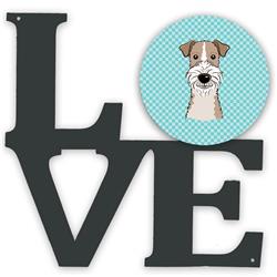 11.5 x 11.75 in. Checkerboard Blue Wire Haired Fox Terrier Metal Artwork Love Wall Decor