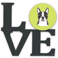 BB1265WALV 11.5 x 11.75 in. Checkerboard Lime Green Boston Terrier Metal Artwork Love Wall Decor