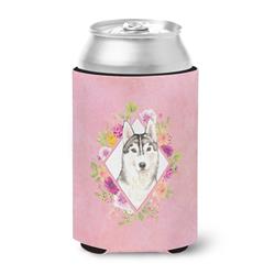 Siberian Husky Pink Flowers Can or Bottle Hugger