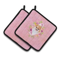 CK4169PTHD 7.5 x 7.5 in. Pomeranian No.1 Pink Flowers Pair of Pot Holders