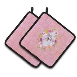 CK4171PTHD 7.5 x 7.5 in. Standard White Poodle Pink Flowers Pair of Pot Holders