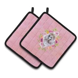 CK4173PTHD 7.5 x 7.5 in. Standard Grey Poodle Pink Flowers Pair of Pot Holders
