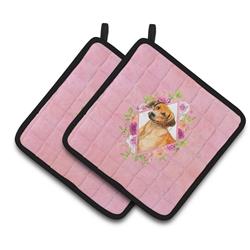 7.5 x 7.5 in. Rhodesian Ridgeback Pink Flowers Pair of Pot Holders