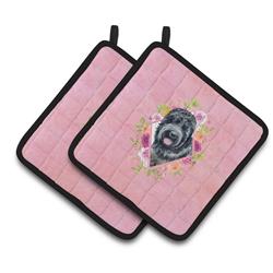 CK4176PTHD 7.5 x 7.5 in. Russian Black Terrier Pink Flowers Pair of Pot Holders
