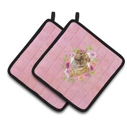 7.5 x 7.5 in. Shar Pei Pink Flowers Pair of Pot Holders