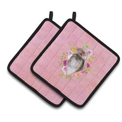 CK4184PTHD 7.5 x 7.5 in. Shih Tzu Pink Flowers Pair of Pot Holders