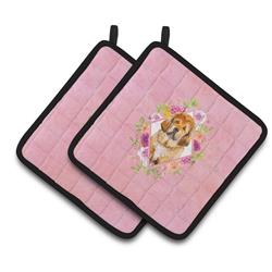CK4189PTHD 7.5 x 7.5 in. Tibetian Mastiff Puppy Pink Flowers Pair of Pot Holders