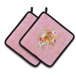 CK4195PTHD 7.5 x 7.5 in. Yorkshire Terrier No.2 Pink Flowers Pair of Pot Holders