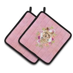 CK4197PTHD 7.5 x 7.5 in. Yorkie Pink Flowers Pair of Pot Holders