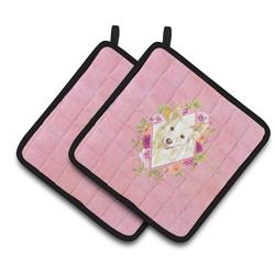 CK4201PTHD 7.5 x 7.5 in. White Collie Pink Flowers Pair of Pot Holders