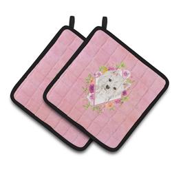 7.5 x 7.5 in. Westie Pink Flowers Pair of Pot Holders