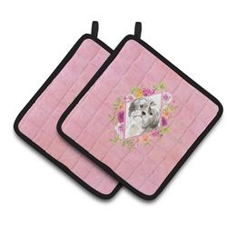 7.5 x 7.5 in. Shih Tzu Puppy Pink Flowers Pair of Pot Holders