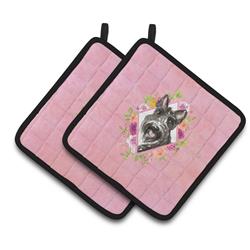 7.5 x 7.5 in. Scottish Terrier Pink Flowers Pair of Pot Holders