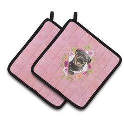 7.5 x 7.5 in. Rottweiler Pink Flowers Pair of Pot Holders