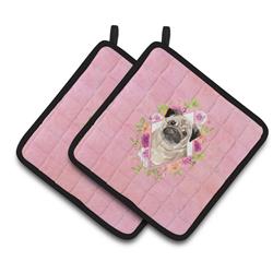 7.5 x 7.5 in. Fawn Pug Pink Flowers Pair of Pot Holders