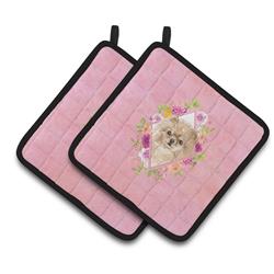 7.5 x 7.5 in. Pomeranian Pink Flowers Pair of Pot Holders