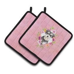 7.5 x 7.5 in. Schnauzer No.2 Pink Flowers Pair of Pot Holders