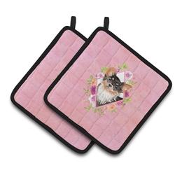 CK4225PTHD 7.5 x 7.5 in. Longhaired Chihuahua Pink Flowers Pair of Pot Holders