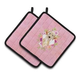 CK4227PTHD 7.5 x 7.5 in. Yellow Lab Pink Flowers Pair of Pot Holders