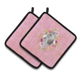 CK4233PTHD 7.5 x 7.5 in. Grey Standard Poodle Pink Flowers Pair of Pot Holders