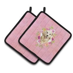 CK4235PTHD 7.5 x 7.5 in. Golden Retriever Pink Flowers Pair of Pot Holders