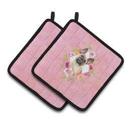 CK4238PTHD 7.5 x 7.5 in. Fawn French Bulldog Pink Flowers Pair of Pot Holders