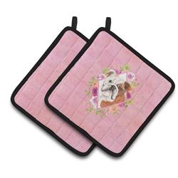 CK4240PTHD 7.5 x 7.5 in. English Bulldog Pink Flowers Pair of Pot Holders