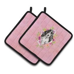 CK4244PTHD 7.5 x 7.5 in. Black Parti Cocker Spaniel Pink Flowers Pair of Pot Holders
