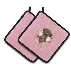 CK4251PTHD 7.5 x 7.5 in. Chocolate Labrador Pink Flowers Pair of Pot Holders