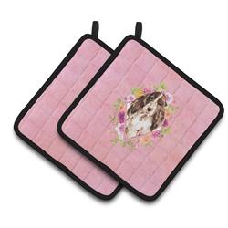 CK4252PTHD 7.5 x 7.5 in. Brown Parti Cocker Spaniel Pink Flowers Pair of Pot Holders