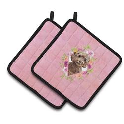 CK4253PTHD 7.5 x 7.5 in. Chocolate Cockapoo Pink Flowers Pair of Pot Holders