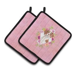 CK4254PTHD 7.5 x 7.5 in. Brittany Spaniel Pink Flowers Pair of Pot Holders