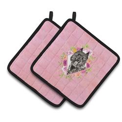 CK4256PTHD 7.5 x 7.5 in. Bouvier Des Flandres Pink Flowers Pair of Pot Holders