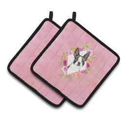CK4257PTHD 7.5 x 7.5 in. Boston Terrier Pink Flowers Pair of Pot Holders