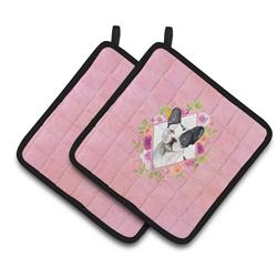CK4260PTHD 7.5 x 7.5 in. Black & White Frenchie Pink Flowers Pair of Pot Holders