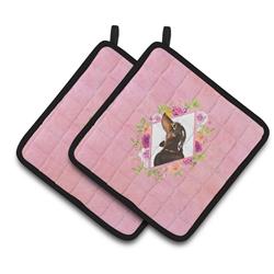 CK4262PTHD 7.5 x 7.5 in. Black & Tan Dachshund Pink Flowers Pair of Pot Holders