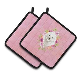 CK4263PTHD 7.5 x 7.5 in. Bichon Frise Pink Flowers Pair of Pot Holders