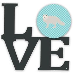 11.5 x 11.75 in. White Arctic Fox Blue Check Metal Artwork Love Wall Decor