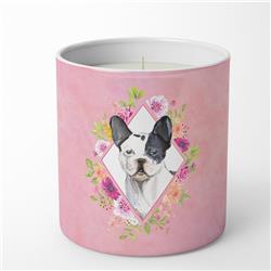 10 oz Black & White Frenchie Pink Flowers Decorative Soy Candle