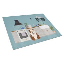 Brindle White English Bulldog Kitchen Scene Glass Cutting Board - Large