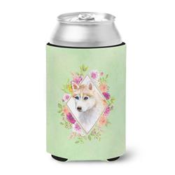 Red Siberian Husky Green Flowers Can or Bottle Hugger